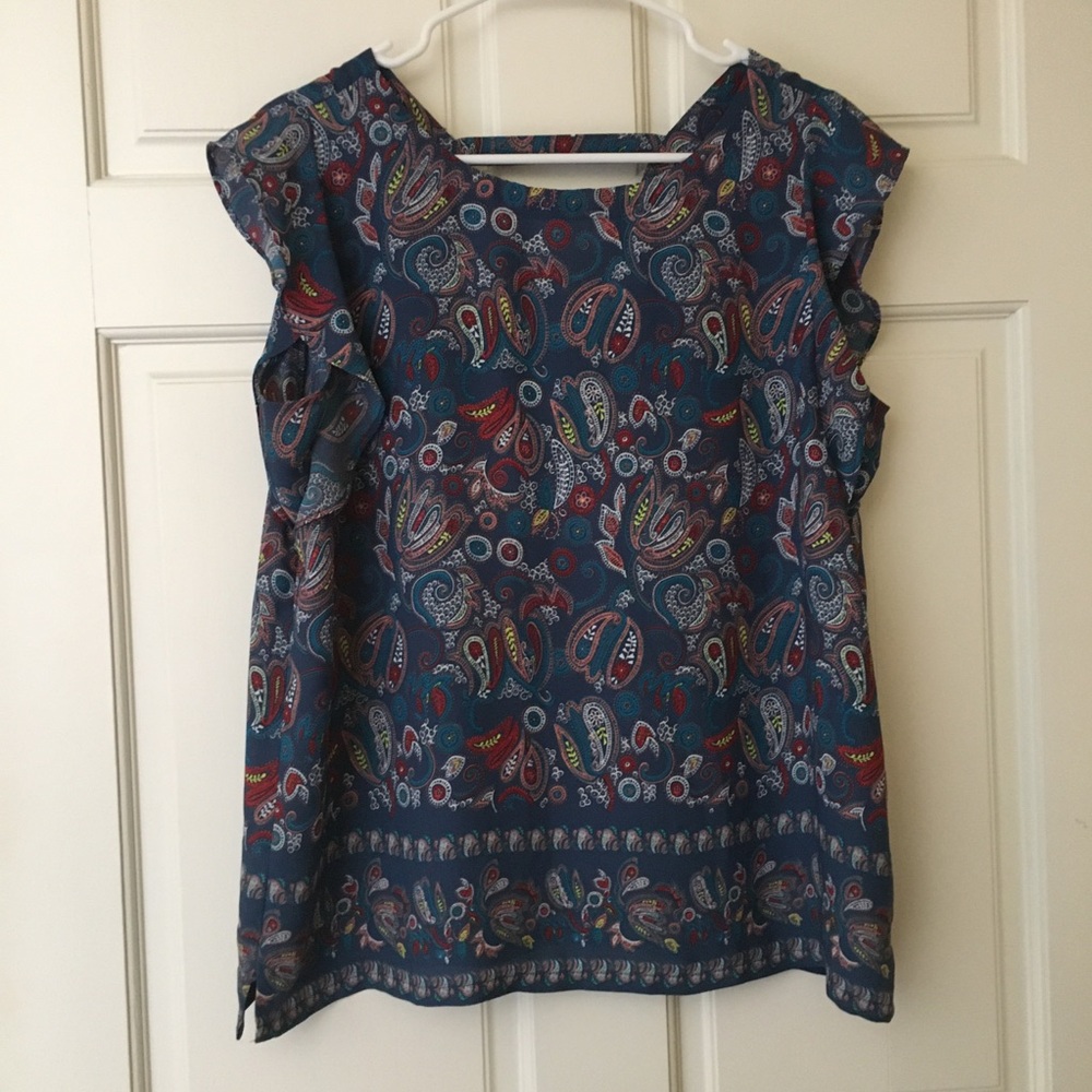 LOFT Blouse (M) Paisley Print Flutter Sleeve Top Blue VNeck